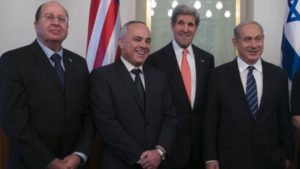 US State of Secretary John Kerry with Defense Minister Moshe Yaalon (left) Minister Yuval Steinitz (second left), and Prime Minister Benjamin Netanyahu in Jerusalem on May 23, 2013. Photo credit: Marc Israel Sellem/POOL/FLASH90) 